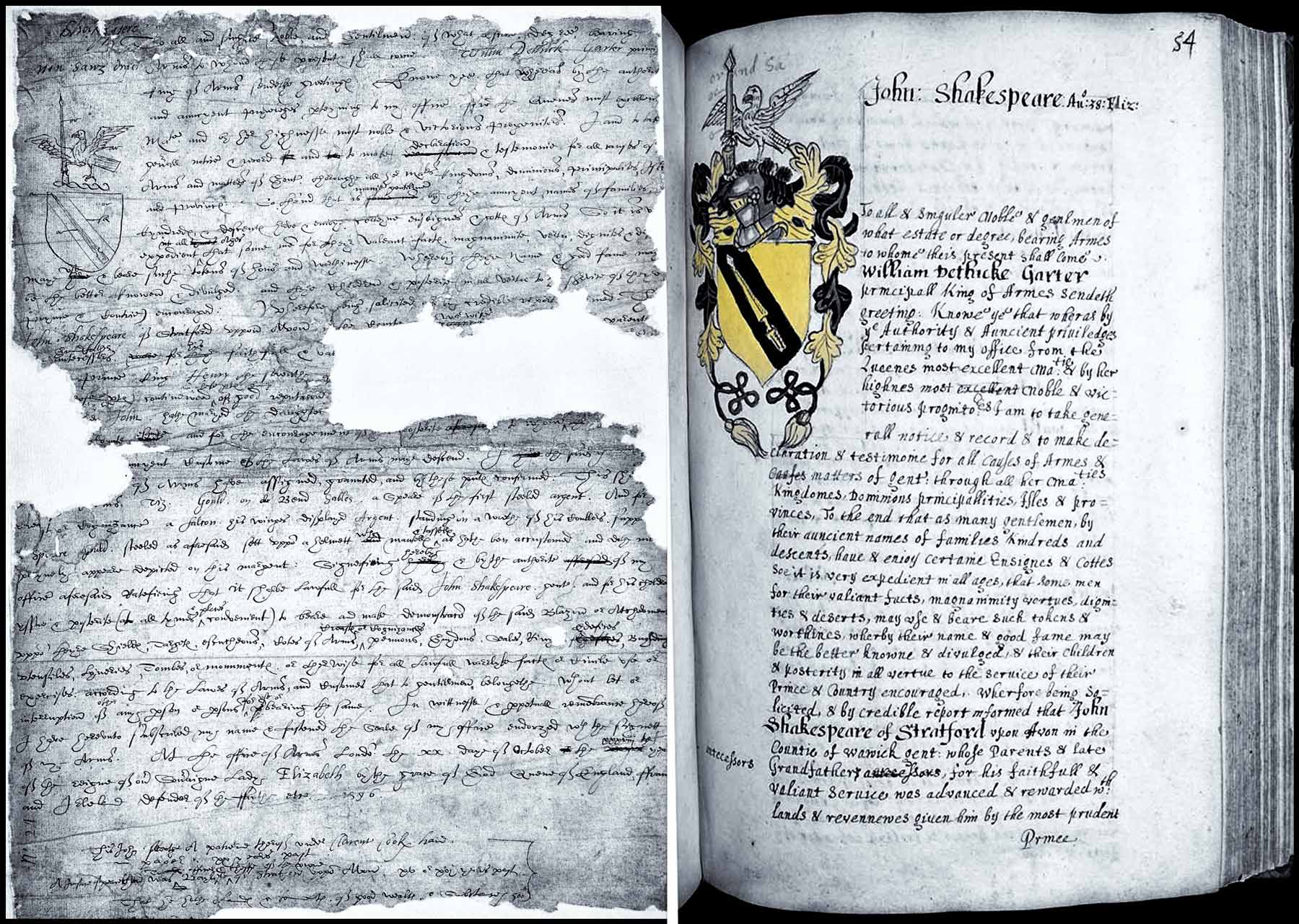 On the right is a late 17th-century copy of the 1596 grant of arms to John Shakespeare, almost identical, word for word to the original draft on the left. Unlike the draft grants, which depict the coat of arms in trick (in pen and ink, with the colors indicated by their heraldic names), the coat of arms here is in full colour. The detail of lives and status of the Stratford family included by this unimpeachable authority goes far beyond what exists in most Doubters’ minds. Explore further on Shakespeare Documented.